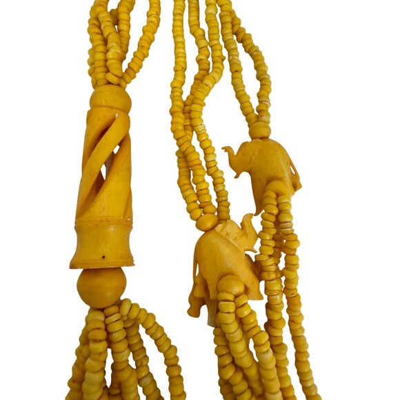 Hand-Carved Vtg. Yellow Beaded Elephant Necklace & Tribal Design Ethnic Boho Y2K - Picture 2 of 4